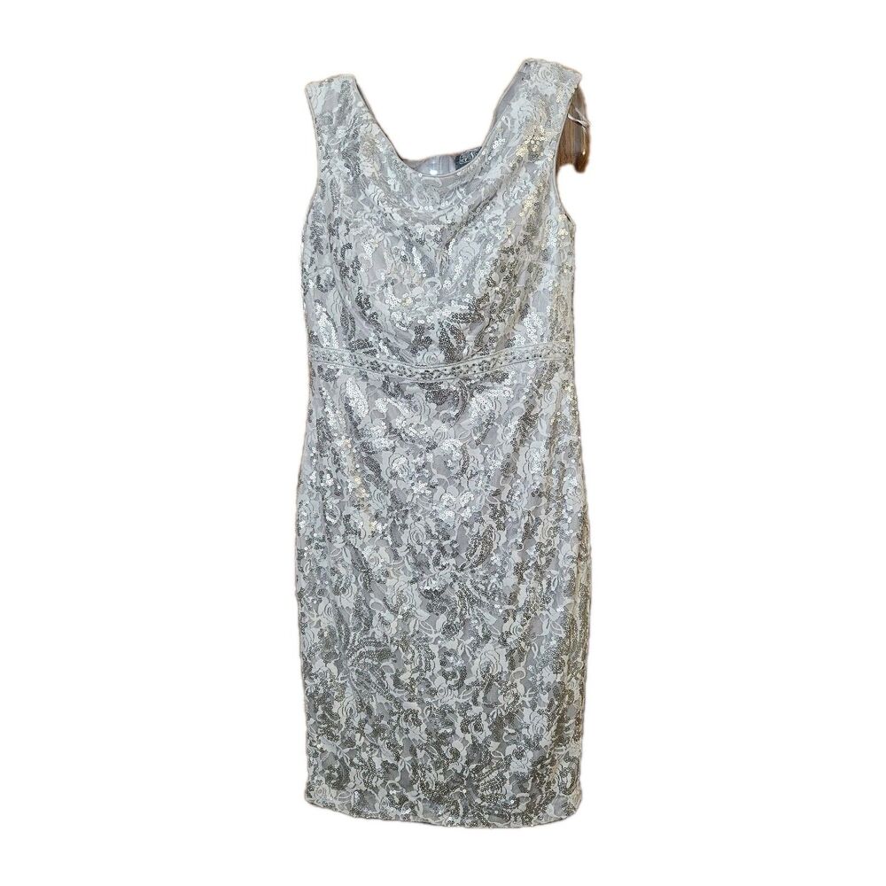 JAX Women's Silver Sequin Sleeveless‎ Fitted Lace Dress Sheath Knee 8 EVENT